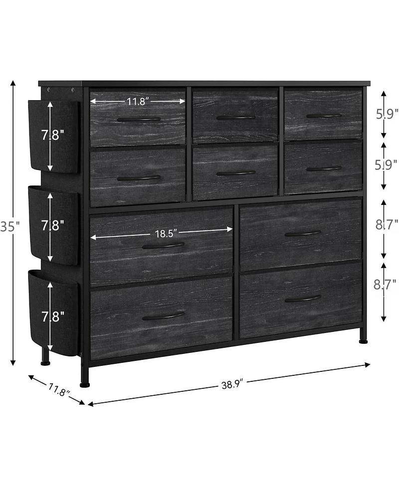 gaomon 10 Drawers Fabric Storage Drawer, Dressers & Chest of with Side Pockets, Hooks, Wood Tabletop for Closet, Living Room