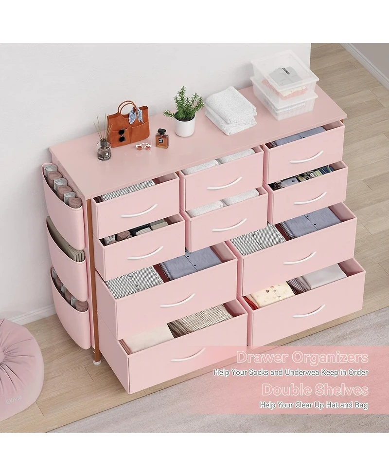gaomon 10 Drawers Fabric Storage Drawer, Dressers & Chest of with Side Pockets, Hooks, Wood Tabletop for Closet, Living Room