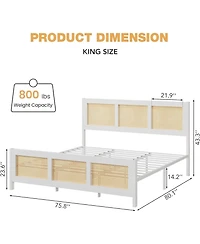 gaomon King Rattan Bed Frame Headboard Boho Platform Metal Slats Noise Free No Box Spring