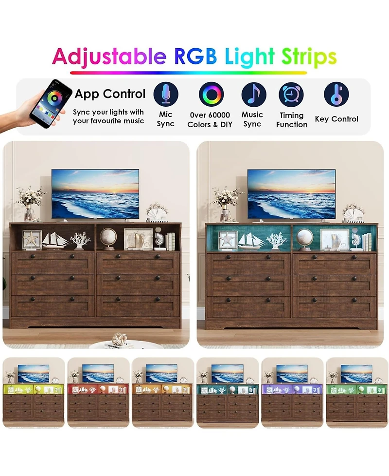 gaomon 6 Drawer 55 Inch Bedroom Dresser with Led Lights Plus Power Outlet Modern Wood Tv Dresser Storage Organizer