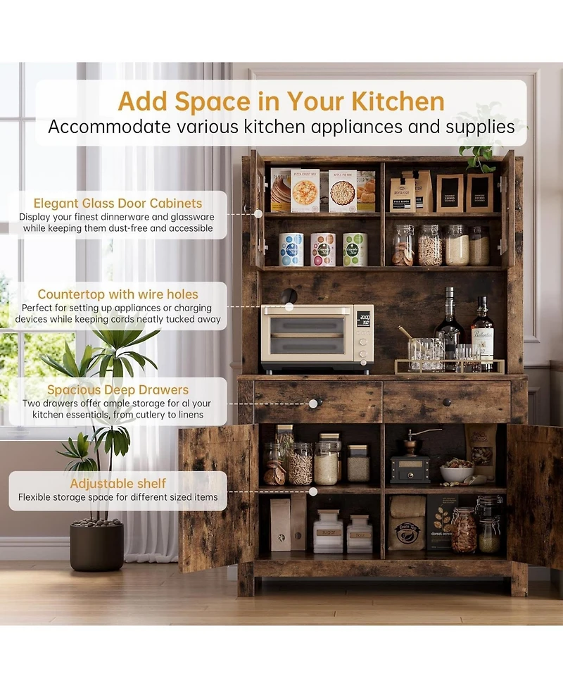 gaomon Retro Color Kitchen Pantry Cabinet with Microwave Stand and Coffee Bar 4 Doors