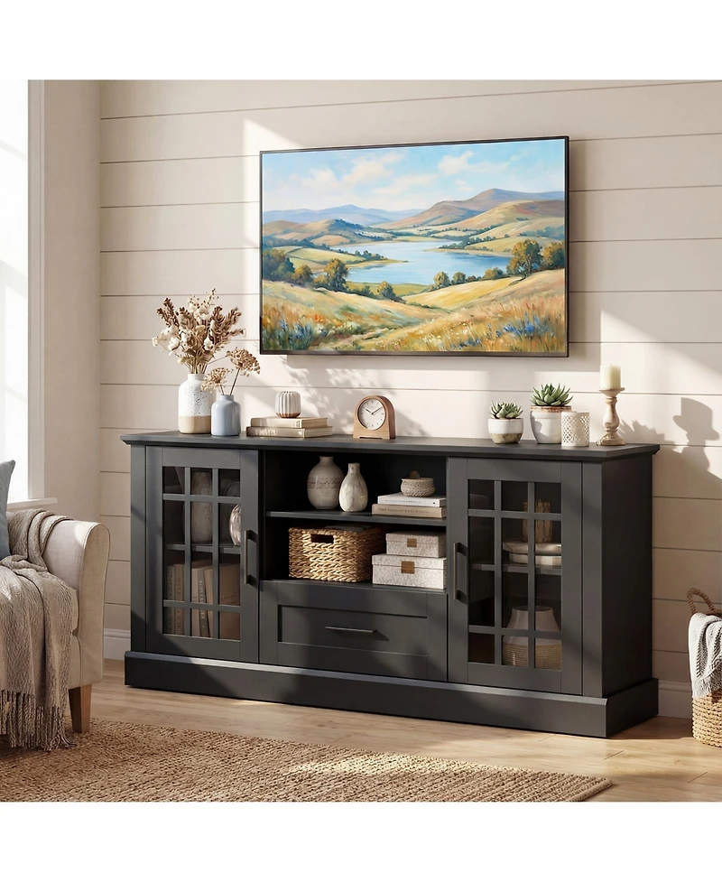 Gymax Farmhouse Tv Stand for TVs up to 70'' Entertainment Media Center Storage Cabinet w/Glass Doors