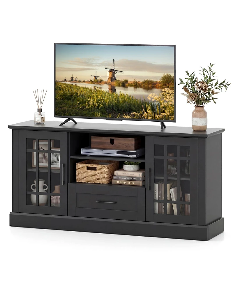 Gymax Farmhouse Tv Stand for TVs up to 70'' Entertainment Media Center Storage Cabinet w/Glass Doors