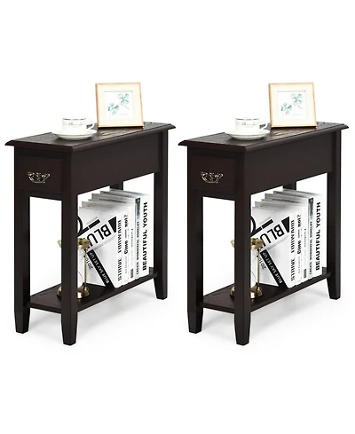 Gymax Set of 2 Nightstand 2 Tier End Bedside Sofa Side Table w/Drawer andShelf