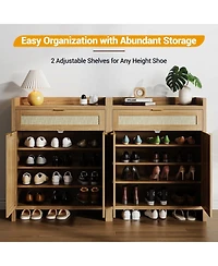 Homfan Modern Rattan Shoe Cabinet with Storage, 32 Boho Style Shoe Organizer Storage Cabinets, 5-Tiers Wooden Shoe Rack Organizer