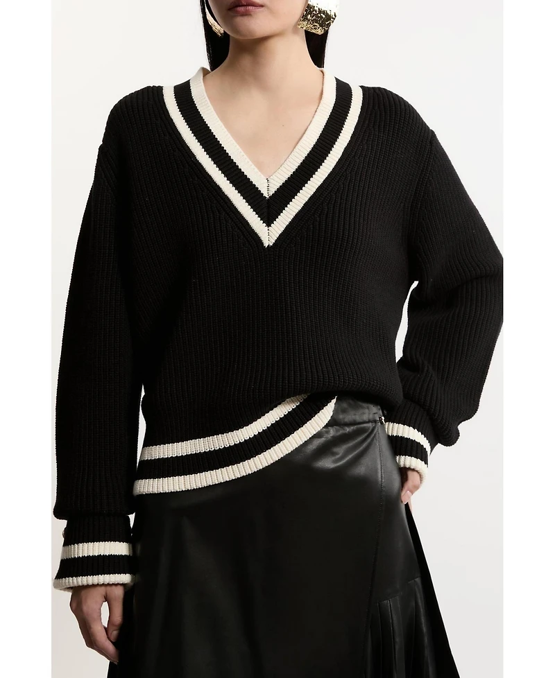 Karen Millen Women's Cotton V-Neck Knit Boxy Jumper