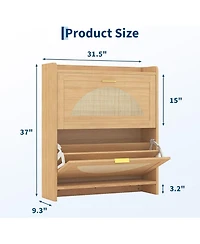 gaomon Wooden Shoe Cabinet with Rattan Doors, Flip Drawer Shoe Storage Cabinet with Adjustable Shelves, Narrow Hidden Entryway Shoe Cabinet