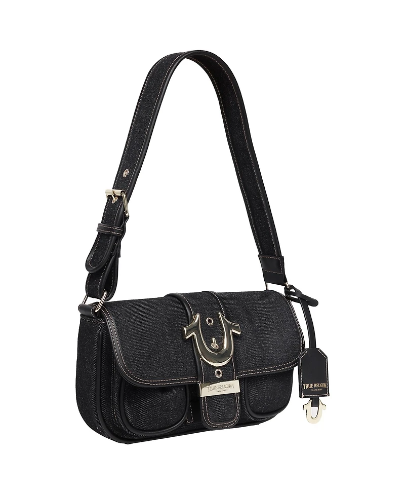 True Religion Double Pocket Denim Satchel with Horseshoe Hardware
