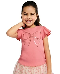 Kids Headquarters Girls' 4-6X Flutter Sleeve Ribbed Top and Printed Tulle Skort, 2-Piece Set