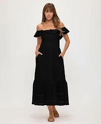 Dotti Women's Off-The-Shoulder Flounced Smocked Midi Dress