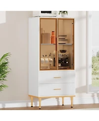 gaomon Fluted Pantry Cabinet with Glass Door and 2 Drawers, Kitchen Storage Adjustable Shelves, Modern Display Sideboard