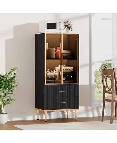 gaomon Fluted Pantry Cabinet with Glass Door and 2 Drawers, Kitchen Storage Adjustable Shelves, Modern Display Sideboard