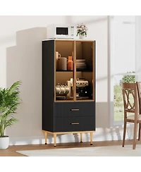 gaomon Fluted Pantry Cabinet with Glass Door and 2 Drawers, Kitchen Storage Adjustable Shelves, Modern Display Sideboard
