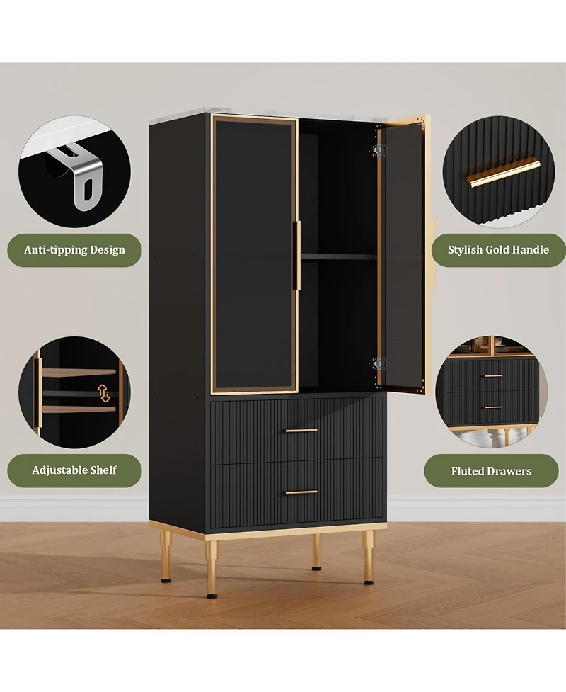 gaomon Fluted Pantry Cabinet with Glass Door and 2 Drawers, Kitchen Storage Adjustable Shelves, Modern Display Sideboard