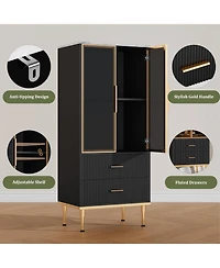 gaomon Fluted Pantry Cabinet with Glass Door and 2 Drawers, Kitchen Storage Adjustable Shelves, Modern Display Sideboard