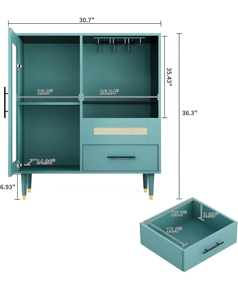 gaomon Modern Wine Bar Cabinet with Wine Glass Rack, Glass Door Display and Drawers, Coffee Bar & Liquor Cabinet with Storage, Buffet Sideboard Table