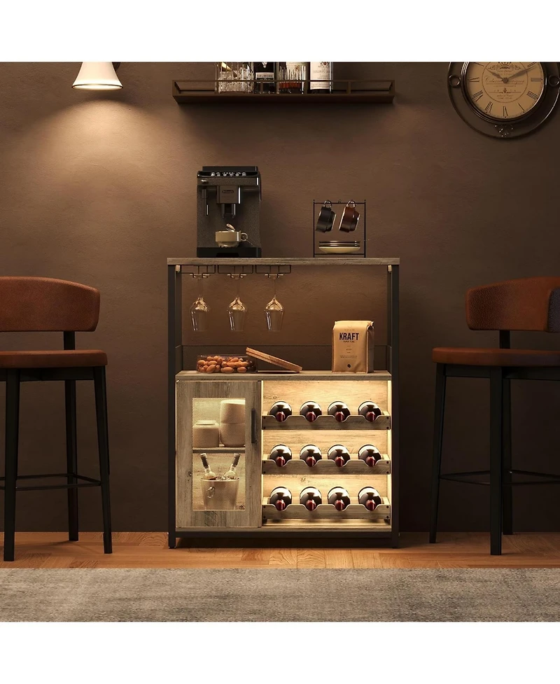 Wooden Wine Bar Cabinet with Led Light, Adjustable Shelves, Glass Holders & Mesh Door, Compact Sideboard
