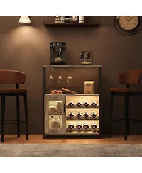 Wooden Wine Bar Cabinet with Led Light, Adjustable Shelves, Glass Holders & Mesh Door, Compact Sideboard