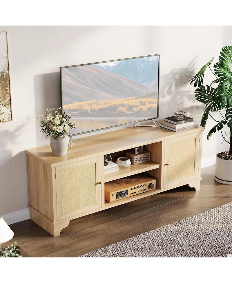 gaomon 61.8" Rattan Tv Stand for TVs up to 70", Boho Entertainment Center Table, Media Console with Storage
