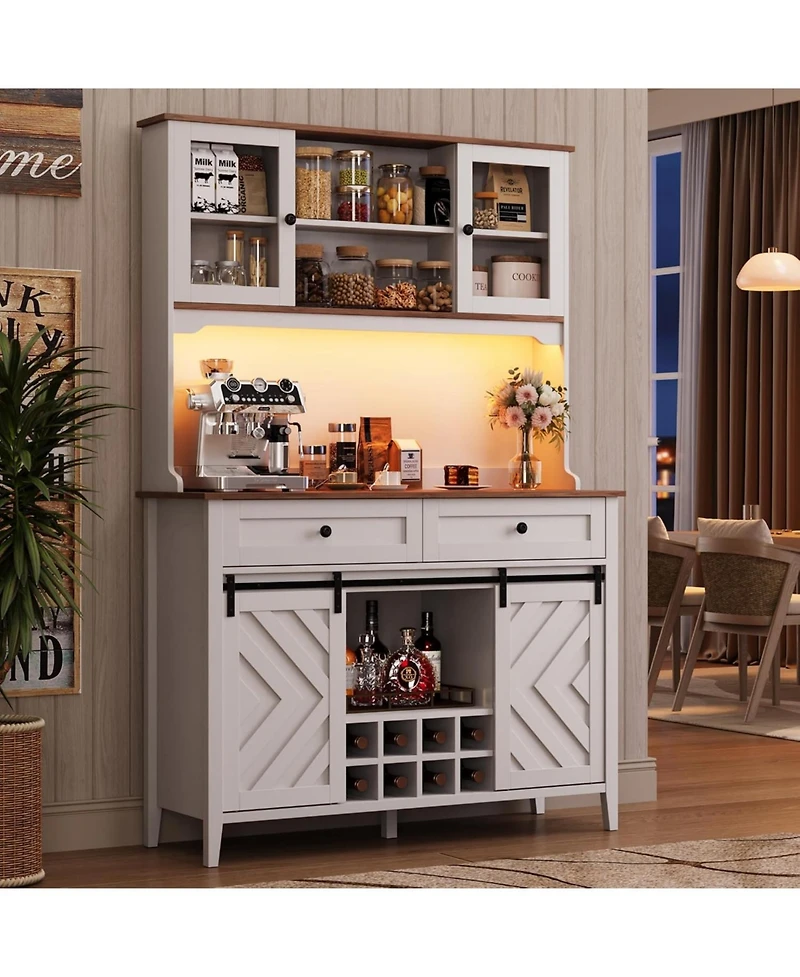 gaomon 72" Sliding Barn Door High Bar Cabinet Farmhouse, Large Kitchen Buffet with Hutch Wine Storage