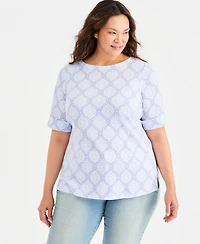 Style & Co Plus Printed Boat-Neck Elbow-Sleeve Top, Macy's Exclusive