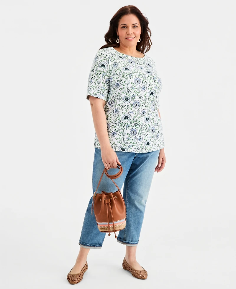Style & Co Plus Printed Boat-Neck Elbow-Sleeve Top, Macy's Exclusive