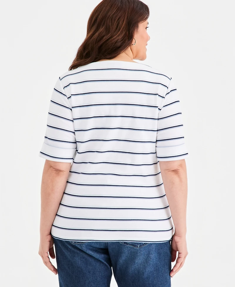 Style & Co Plus Striped Elbow-Sleeve Top, Macy's Exclusive