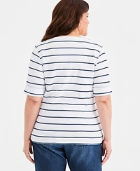Style & Co Plus Striped Elbow-Sleeve Top, Macy's Exclusive
