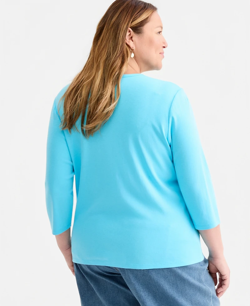 Style & Co Plus Cotton V-Neck 3/4-Sleeve Top, Exclusively at Macy's