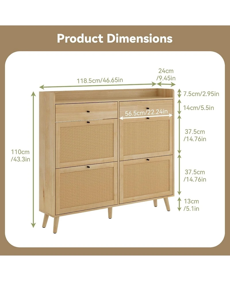 gaomon Rattan Shoe Cabinet Storage for Entryway, Shoe Organizer Cabinet with 4 Flip Drawers and 2 Slide Drawers, Hidden Shoe Storage Free Standing