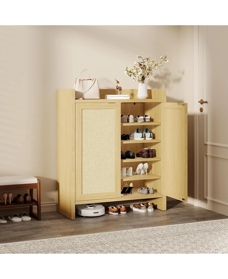 gaomon Freestanding Wooden Rattan Shoe Cabinet with Adjustable Shelves, Light Wood