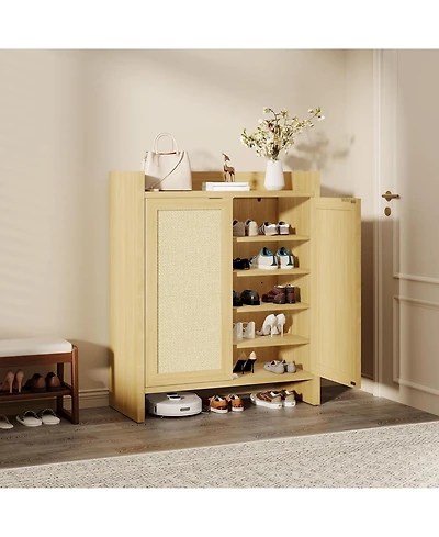gaomon Freestanding Wooden Rattan Shoe Cabinet with Adjustable Shelves, Light Wood