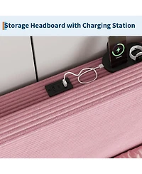 gaomon Twin Bed Frame with Charging Station, Corduroy Upholstered Platform Bed with Headboard Shelf, Wooden Slats, Noise Free