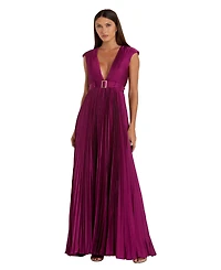 Mac Duggal Women's Ieena Pleated Plunge Neck Belted Satin Gown