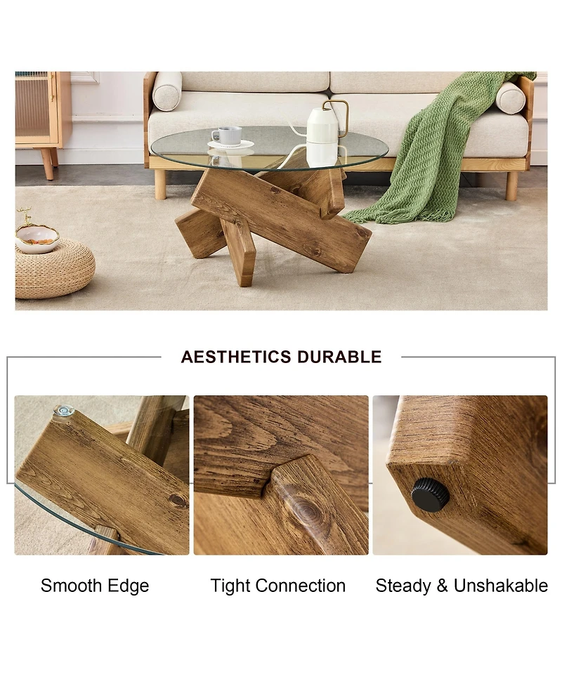 Rainsken Round Glass Top Coffee Tables, Modern Unique Center Table with Crossed Wood Legs for Living Room
