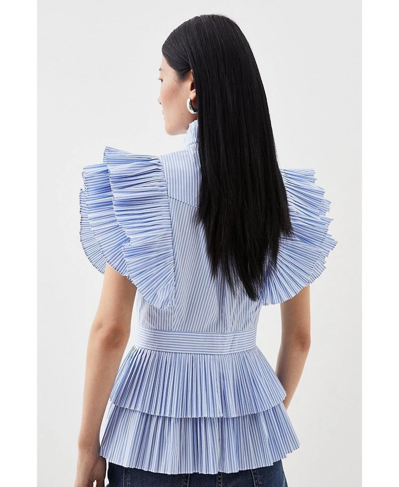 Karen Millen Women's Sleeveless Striped Pleated Ruffle Blouse