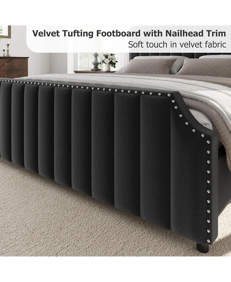 California King Velvet Upholstered Platform Bed Frame with Headboard & Footboard, Nailhead Trim, Sturdy Wooden Slats, Silent Design