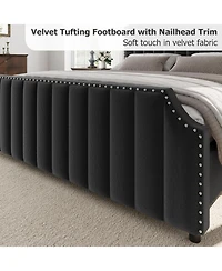 California King Velvet Upholstered Platform Bed Frame with Headboard & Footboard, Nailhead Trim, Sturdy Wooden Slats, Silent Design