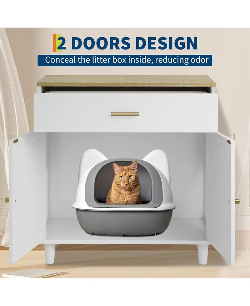 gaomon Hidden Cat Litter Box Enclosure Furniture, 31.5" Wooden Dog Proof Cat Litter Box Enclosure Cabinet with Drawer and 2 Sisal Doors