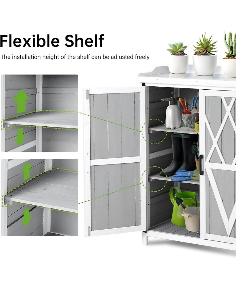 gaomon Outdoor wooden potting bench with metal worktop, waterproof storage cabinet, adjustable shelves, and double doors—ideal for gardening ta