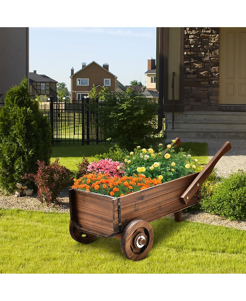 Costway Decorative Wagon Cart Plant Flower Pot Stand Wooden Raised Garden Planter Box