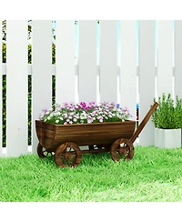 Outsunny Wooden Wagon Planter Box, Mobile Garden Planter with 4 Wheels