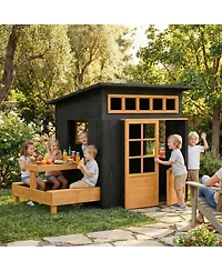Qaba Kids Outdoor Playhouse, Wooden Kids Playhouse w/ Picnic Table