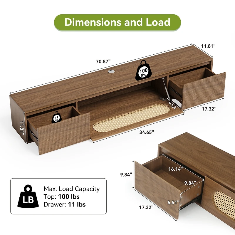 Tribesigns 71'' Floating Tv Stand, Tv Floating Shelf with Storage and Drawers, Modern Media Console Entertainment Center