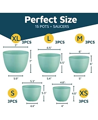 Lifemaster Aqua Plant Pots 15-Pack with Drainage Holes & Saucers, Stackable Space-Saving Indoor & Outdoor Planters, Durable & Weatherproof (7"-4.