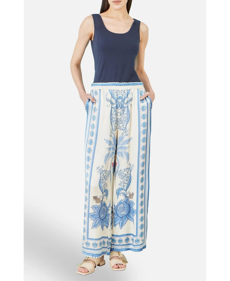Yumi Women's Satin Print Placement Relaxed Trousers