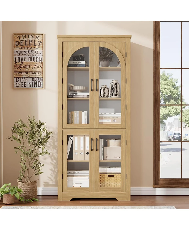 gaomon Tall Kitchen Pantry Cabinet Modern Display with 4 Arched Glass Doors and Adjustable Shelves, Versatile Cupboard Organizers for