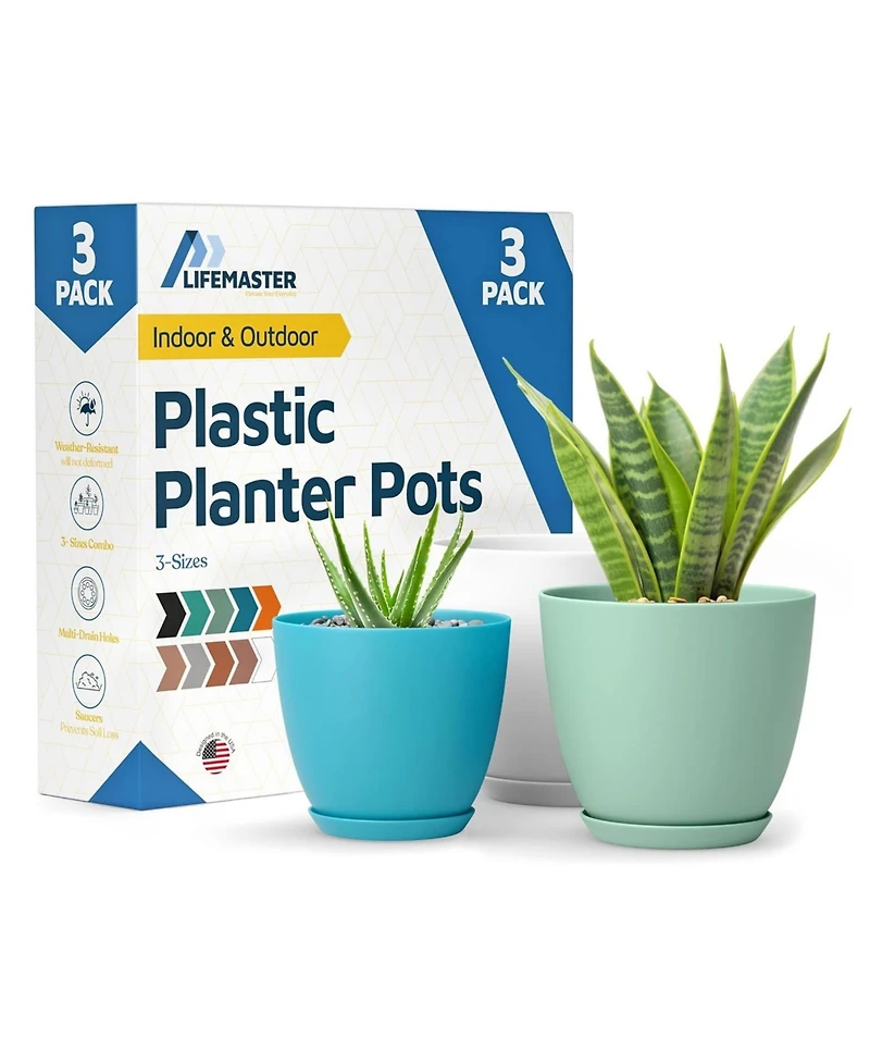 Lifemaster Multicolor Plant Pots Pack with Drainage Holes & Saucers