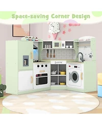 Corner Play Kitchen Toddler Playset with Range Hood, Ice Maker, Microwave