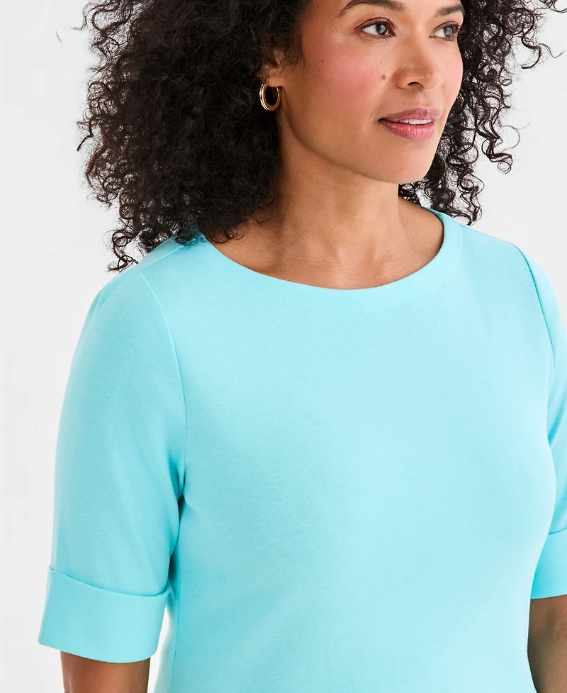Style & Co Petite Cotton Elbow-Sleeve Boat-Neck Top, Exclusively at Macy's